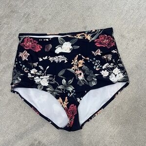 Cocoship Women's 3XL Navy Floral High Waist Tummy Control Bikini Swim Bottom